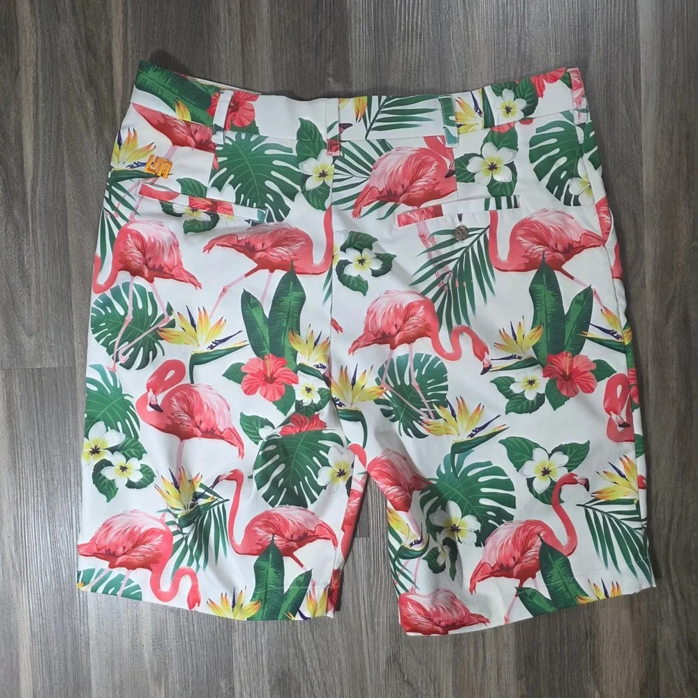 Loudmouth Golf‎ Shorts Mens 34 White Pink Flamingo Tropical Floral Palm Leaf LM